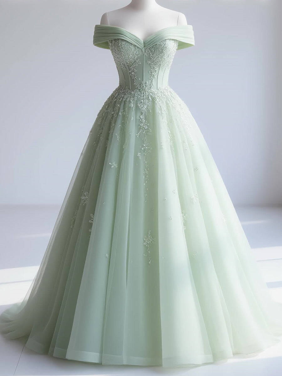 A-line Off-the-Shoulder Appliques Lace Sweep Train Tulle Corset Prom Dress