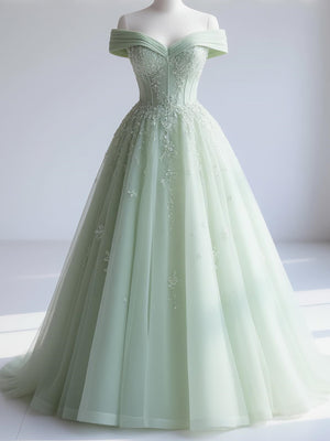 A-line Off-the-Shoulder Appliques Lace Sweep Train Tulle Corset Prom Dress