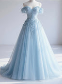A-line Off-the-Shoulder Appliques Lace Sweep Train Tulle Corset Prom Dress