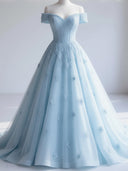 A-line Off-the-Shoulder Appliques Lace Sweep Train Tulle Corset Prom Dress