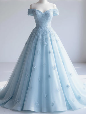 A-line Off-the-Shoulder Appliques Lace Sweep Train Tulle Corset Prom Dress