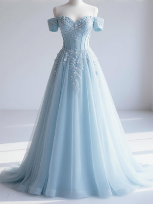 A-line Off-the-Shoulder Appliques Lace Sweep Train Tulle Corset Prom Dress