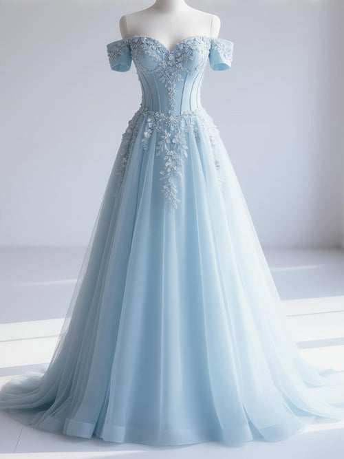 A-line Off-the-Shoulder Appliques Lace Sweep Train Tulle Corset Prom Dress