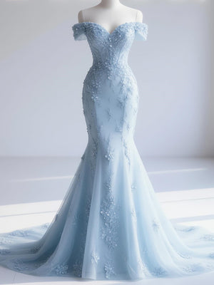 Mermaid Off-the-Shoulder Appliques Lace Court Train Tulle Corset Prom Dress