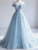 A-line Off-the-Shoulder Appliques Lace Sweep Train Tulle Corset Prom Dress