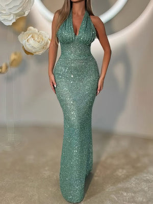 Sheath Halter Floor-Length Corset Prom Dress