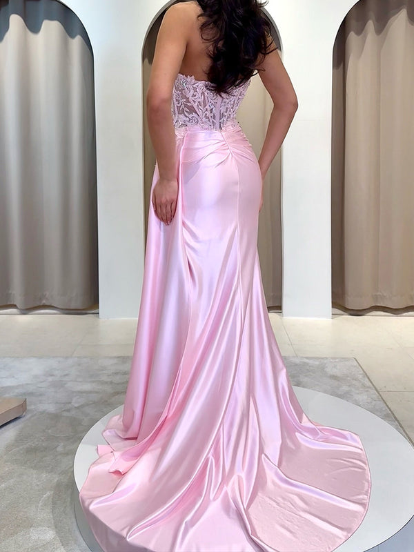 Sheath Sweetheart Appliques Lace Sweep Train Silk Like Satin Corset Prom Dress