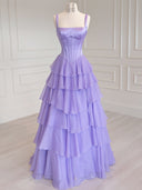 A-line Square Cascading Ruffles Floor-Length Satin Corset Prom Dress