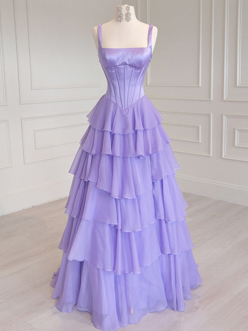 A-line Square Cascading Ruffles Floor-Length Satin Corset Prom Dress