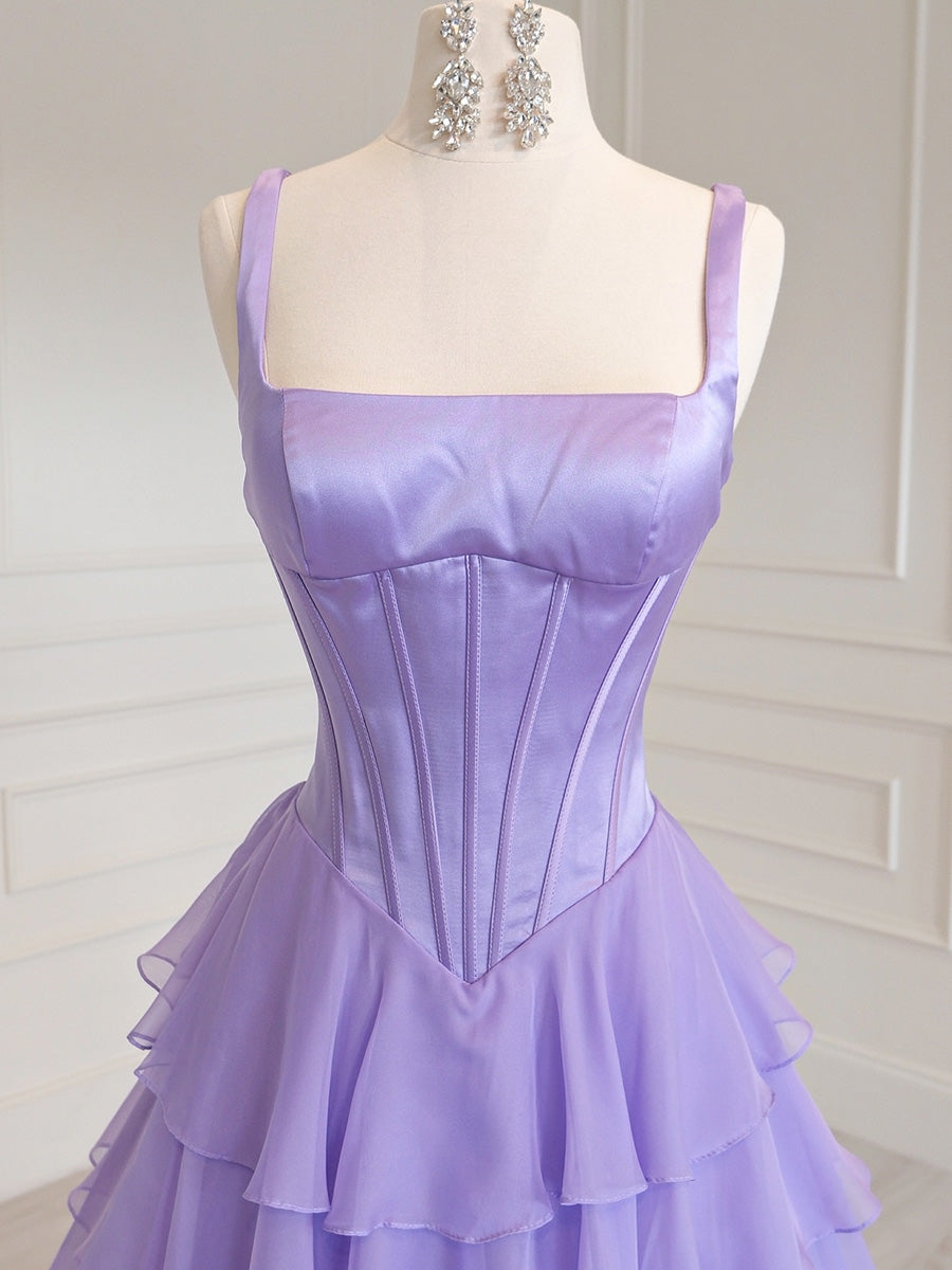 A-line Square Cascading Ruffles Floor-Length Satin Corset Prom Dress