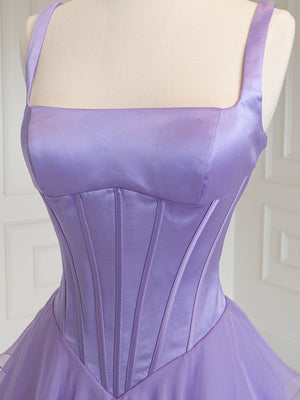 A-line Square Cascading Ruffles Floor-Length Satin Corset Prom Dress