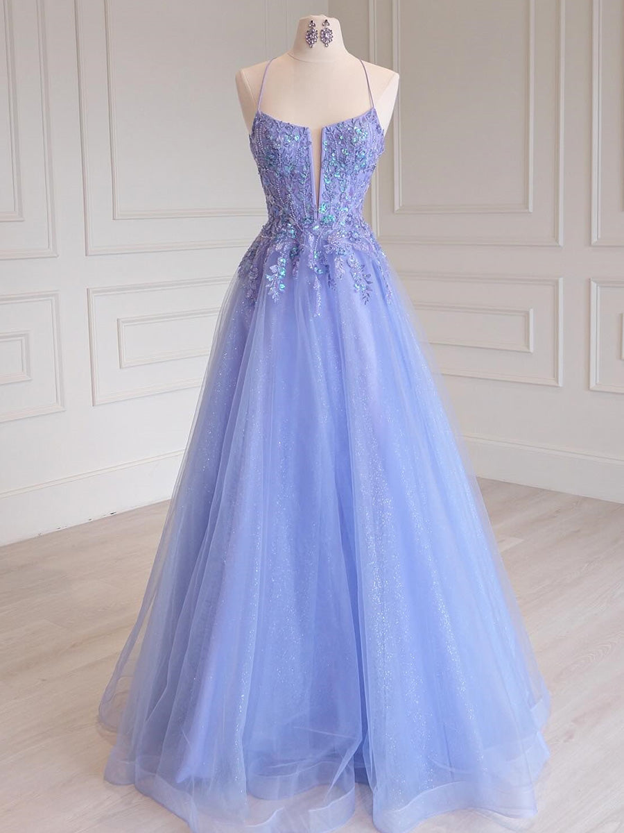 A-line Halter Appliques Lace Floor-Length Tulle Corset Prom Dress