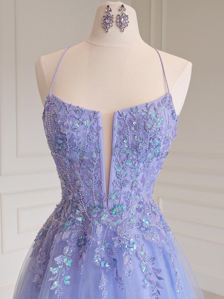 A-line Halter Appliques Lace Floor-Length Tulle Corset Prom Dress