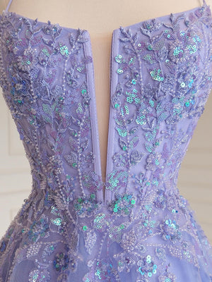 A-line Halter Appliques Lace Floor-Length Tulle Corset Prom Dress
