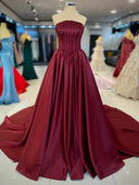 A-line Straight Beading Chapel Train Satin Corset Prom Dress