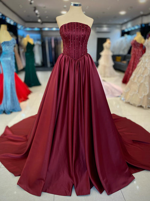 A-line Straight Beading Chapel Train Satin Corset Prom Dress