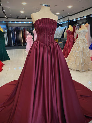 A-line Straight Beading Chapel Train Satin Corset Prom Dress