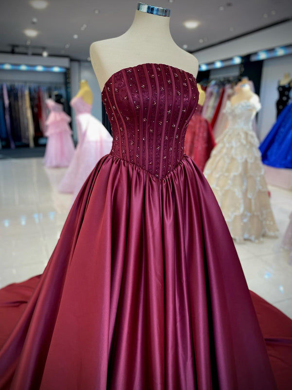A-line Straight Beading Chapel Train Satin Corset Prom Dress