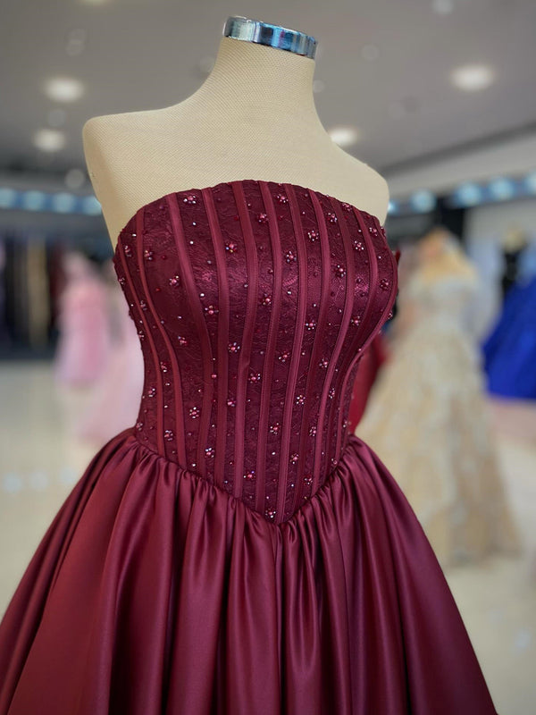 A-line Straight Beading Chapel Train Satin Corset Prom Dress