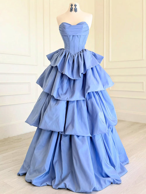 A-line Sweetheart Cascading Ruffles Floor-Length Taffeta Corset Prom Dress