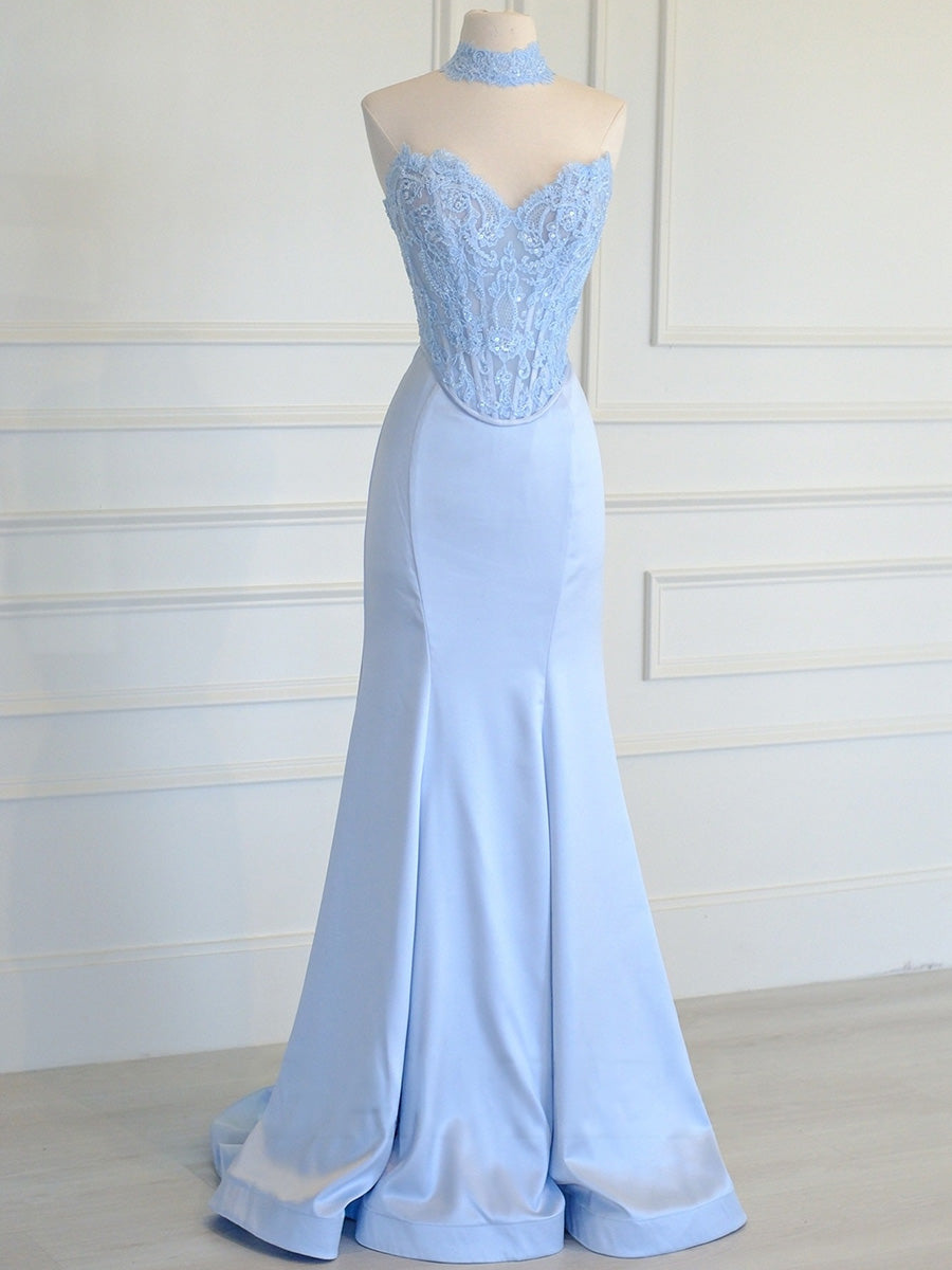 Sheath Sweetheart Appliques Lace Sweep Train Silk Like Satin Corset Prom Dress