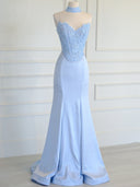 Sheath Sweetheart Appliques Lace Sweep Train Silk Like Satin Corset Prom Dress