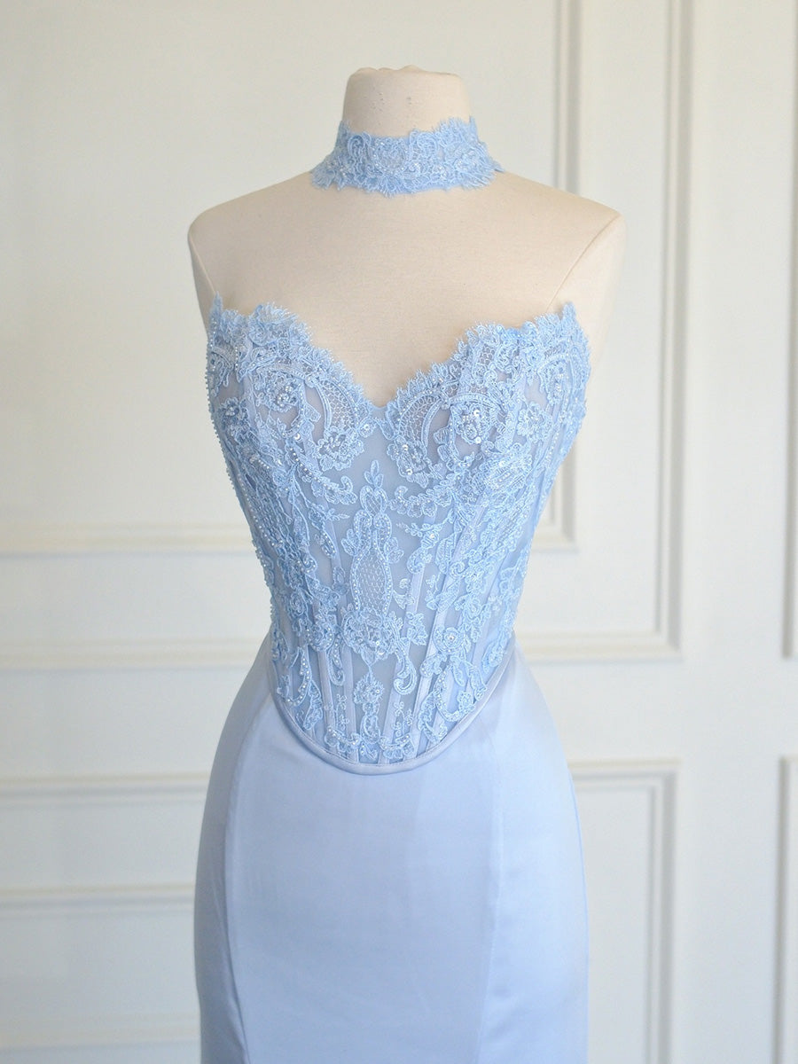 Sheath Sweetheart Appliques Lace Sweep Train Silk Like Satin Corset Prom Dress