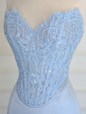 Sheath Sweetheart Appliques Lace Sweep Train Silk Like Satin Corset Prom Dress