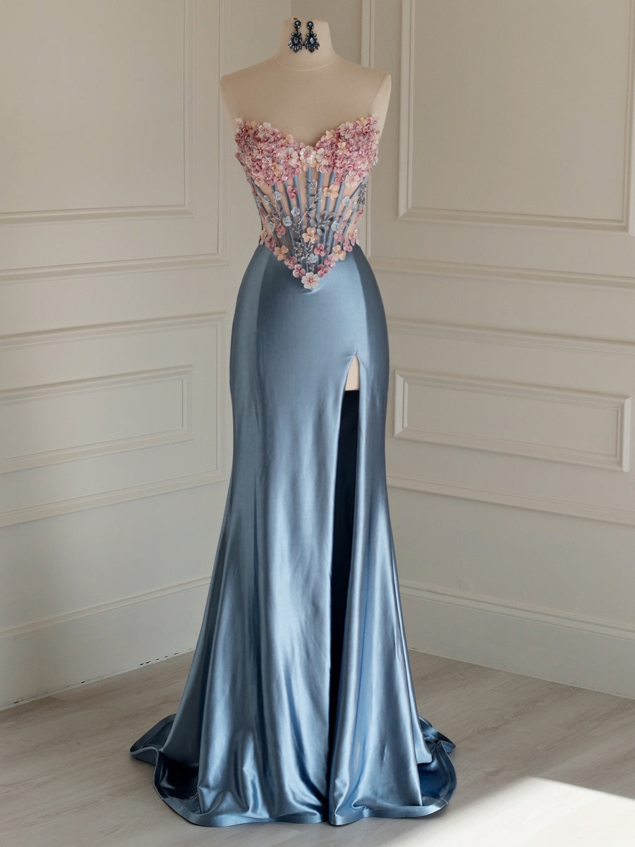 Sheath Sweetheart Appliques Lace Sweep Train Corset Prom Dress