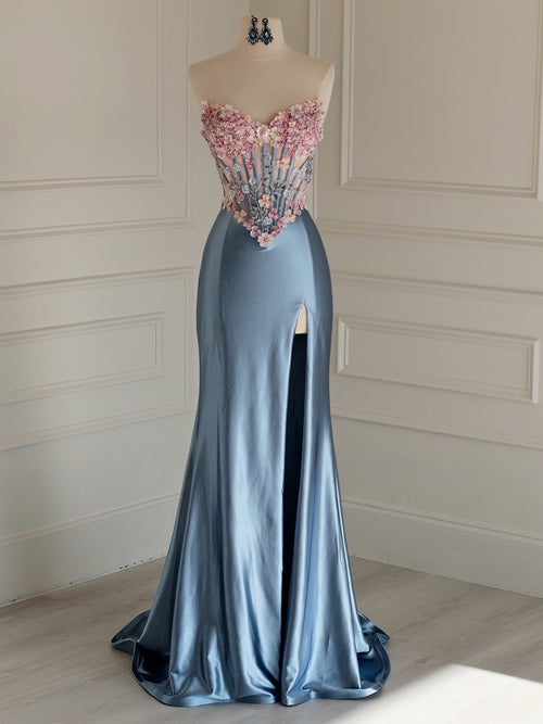 Sheath Sweetheart Appliques Lace Sweep Train Corset Prom Dress