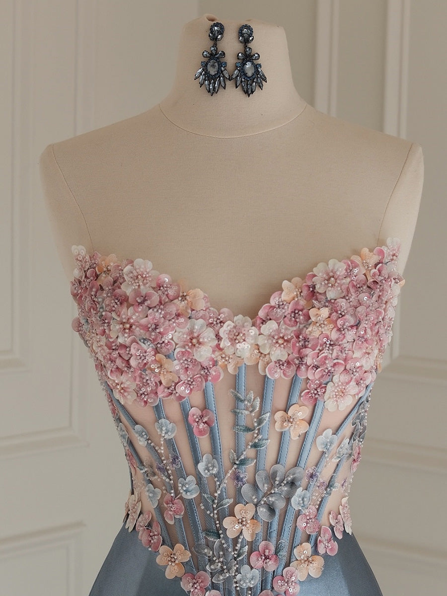 Sheath Sweetheart Appliques Lace Sweep Train Corset Prom Dress