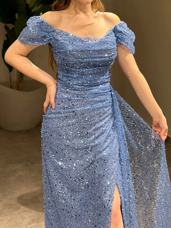 Sheath Off-the-Shoulder Pleated Floor-Length Prom Dress