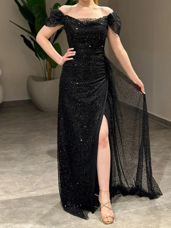 Sheath Off-the-Shoulder Pleated Floor-Length Prom Dress