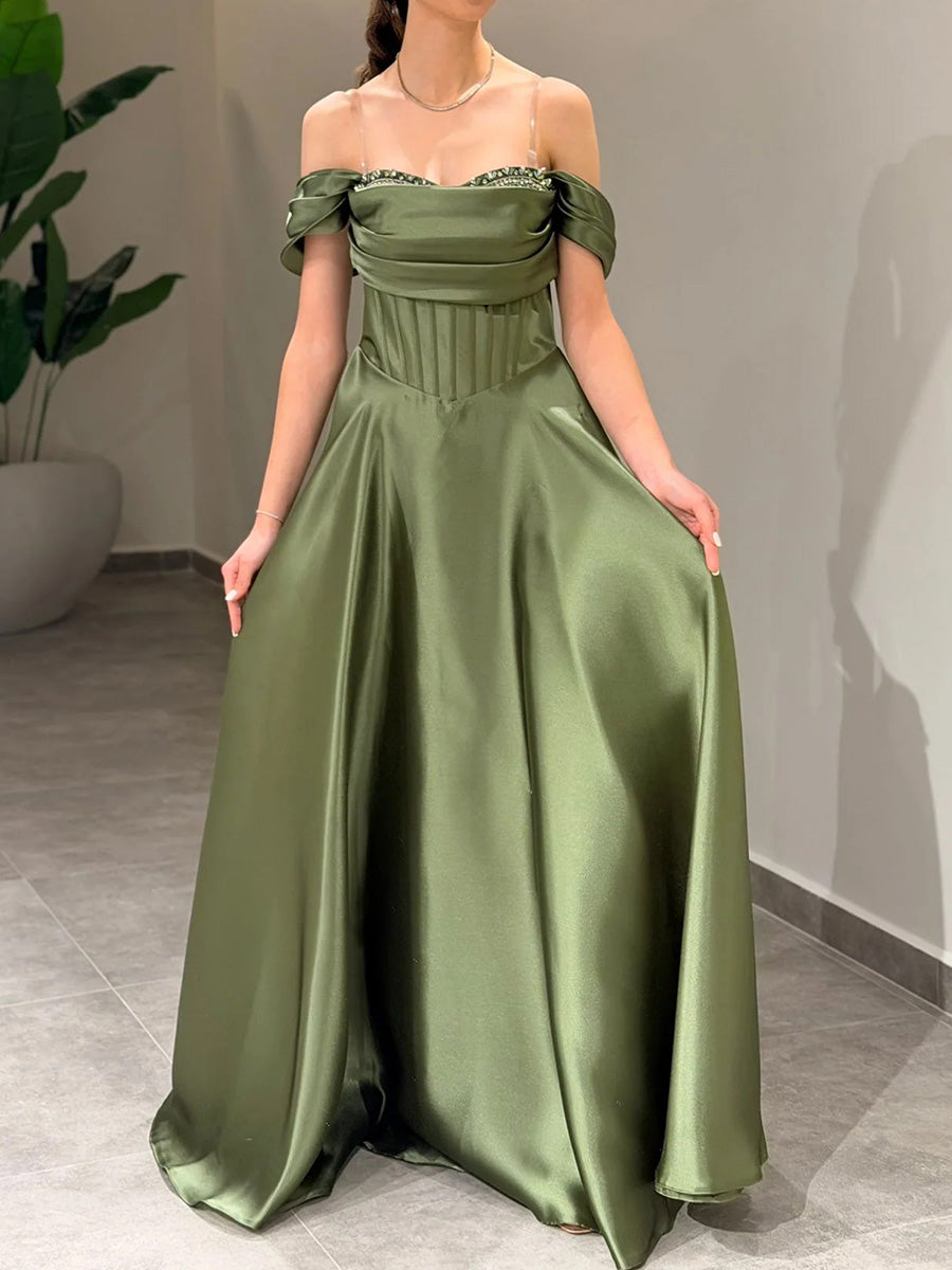 A-line Off-the-Shoulder Pleated Floor-Length Corset Prom Dress
