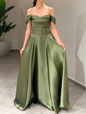 A-line Off-the-Shoulder Pleated Floor-Length Corset Prom Dress