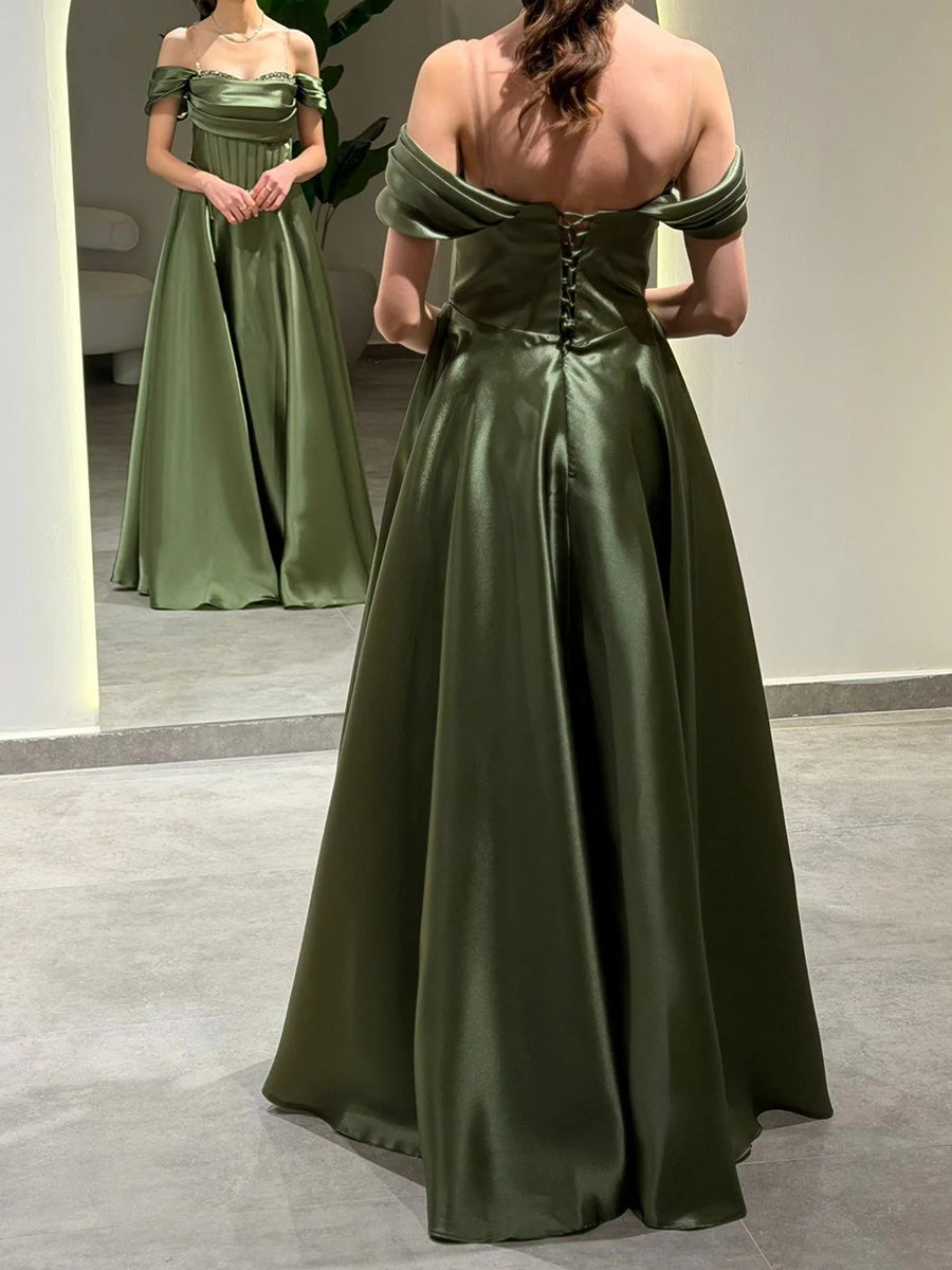 A-line Off-the-Shoulder Pleated Floor-Length Corset Prom Dress