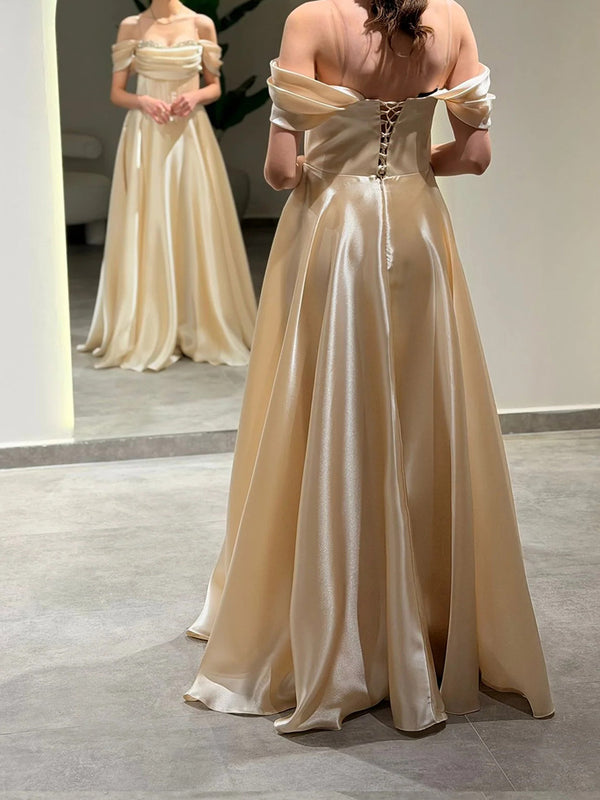 A-line Off-the-Shoulder Pleated Floor-Length Corset Prom Dress