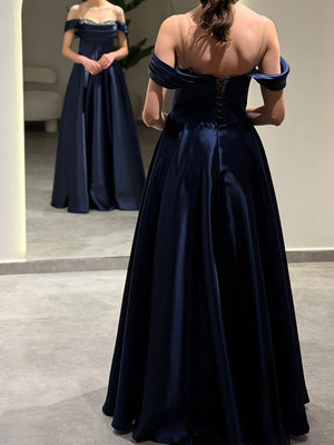 A-line Off-the-Shoulder Pleated Floor-Length Corset Prom Dress