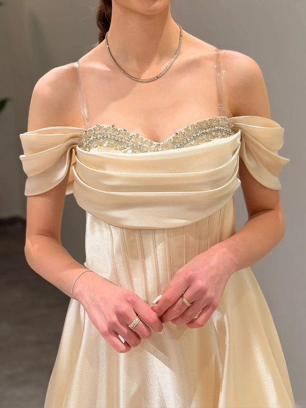 A-line Off-the-Shoulder Pleated Floor-Length Corset Prom Dress