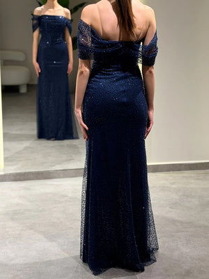 Sheath Off-the-Shoulder Pleated Floor-Length Corset Prom Dress