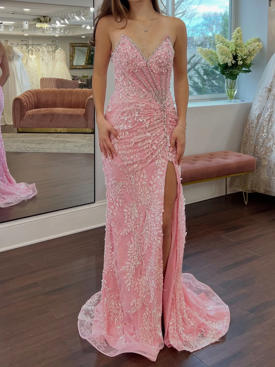 Sheath Sweetheart Appliques Lace Sweep Train Lace Corset Prom Dress