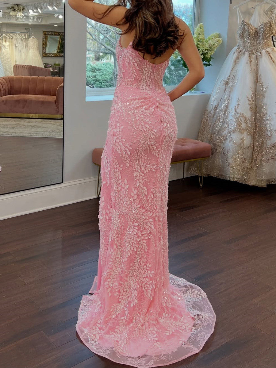 Sheath Sweetheart Appliques Lace Sweep Train Lace Corset Prom Dress