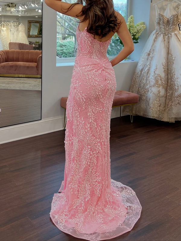 Sheath Sweetheart Appliques Lace Sweep Train Lace Corset Prom Dress
