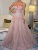 A-line Sweetheart Flower Sweep Train Tulle Corset Prom Dress