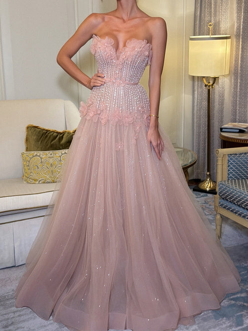 A-line Sweetheart Flower Sweep Train Tulle Corset Prom Dress