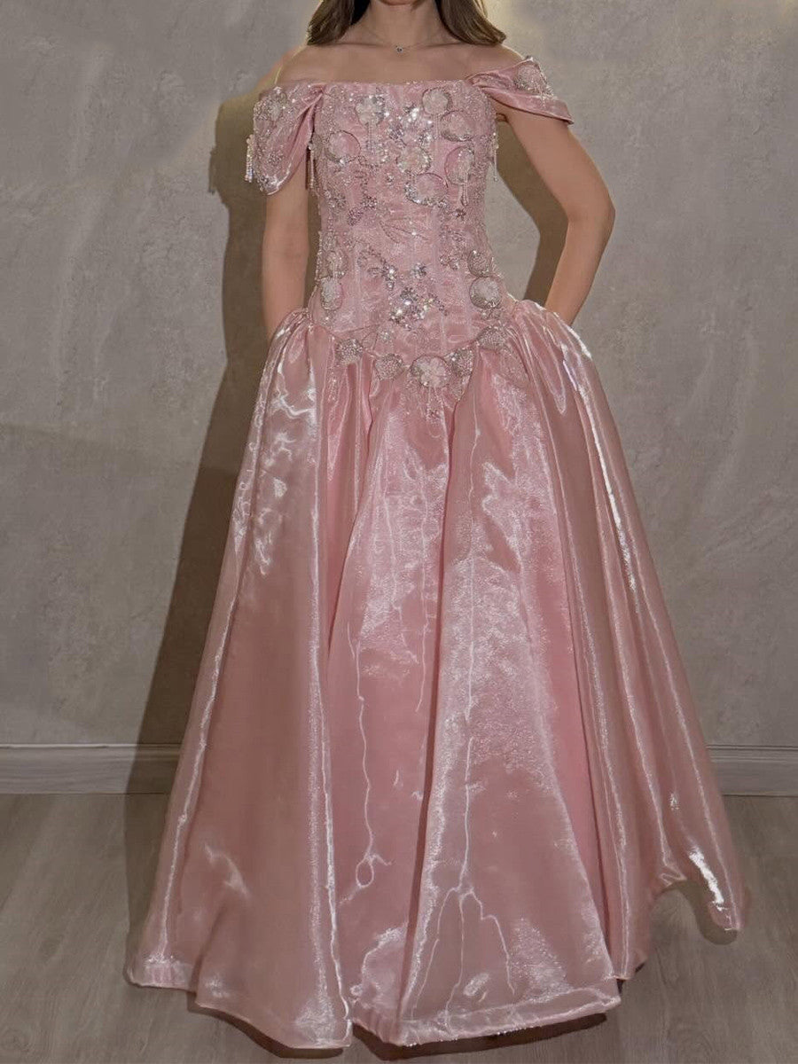 A-line Off-the-Shoulder Sequin Floor-Length Corset Prom Dress