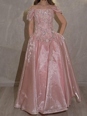A-line Off-the-Shoulder Sequin Floor-Length Corset Prom Dress
