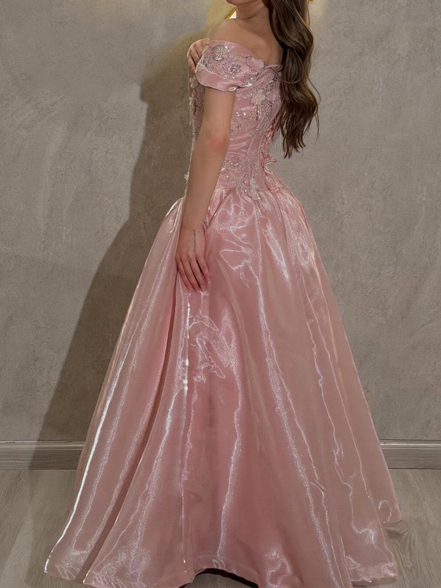 A-line Off-the-Shoulder Sequin Floor-Length Corset Prom Dress