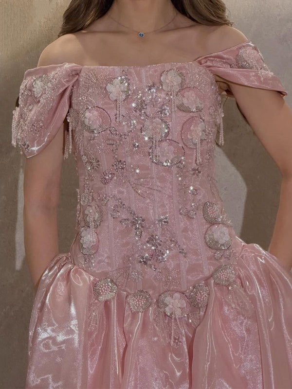A-line Off-the-Shoulder Sequin Floor-Length Corset Prom Dress