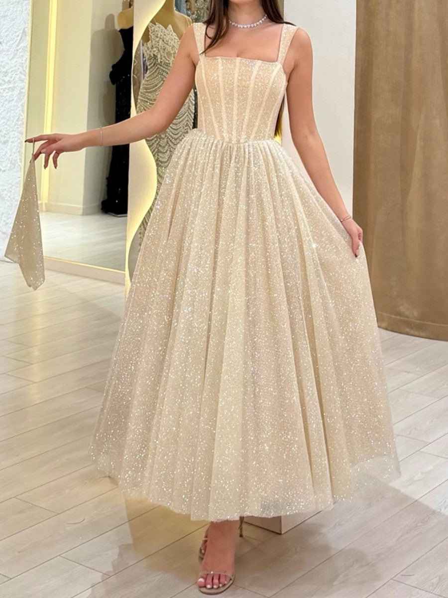 A-line Square Ruffles Ankle-Length Corset Prom Dress
